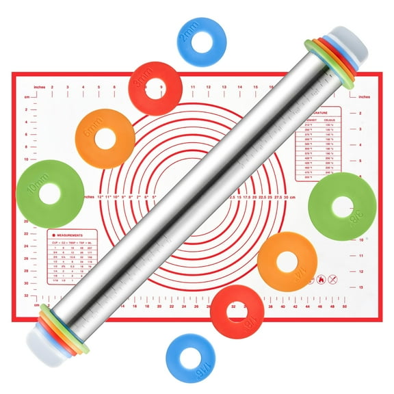 KFFKFF 17-Inch Adjustable Rolling Pin with Pastry Mat Set, Non-Stick Stainless Steel Rolling Pin with Removable Thickness Rings and Baking Mat, Pastry Brush and Bench Scraper