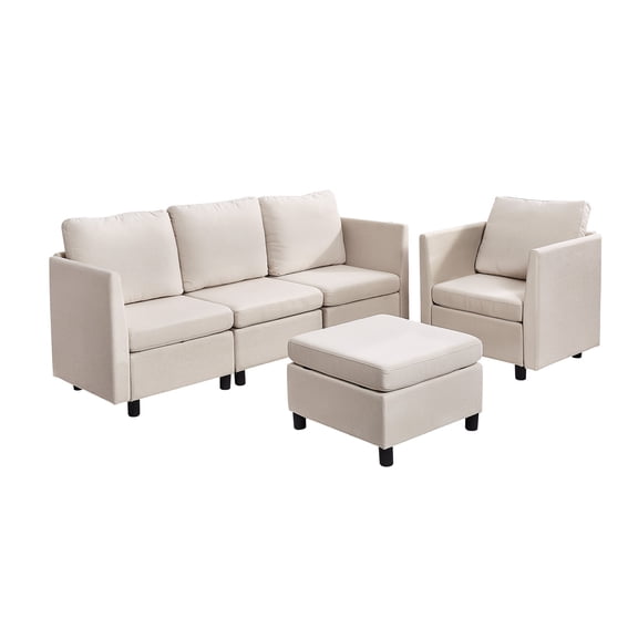 KFFKFF Modular Sectional Sofa, Contemporary 5-Seater Couch with Concealed Storage, Comfortable Upholstered Sofa with High-Density Foam and Sturdy Wooden Frame for Living Room or Bedroom, Beige