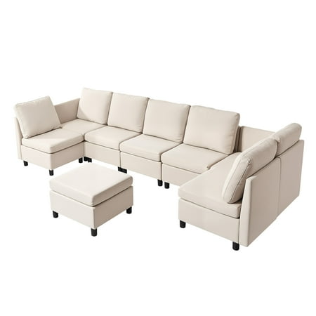 KFFKFF Modular U-Shaped Sectional Sofa, 7-Seater Sofa with Hidden Storage, Comfortable Sectional Couch with Ottoman, High-Density Sponge, and Sturdy Wooden Frame for Living Room or Bedroom