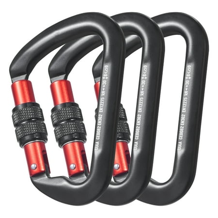 KFFKFF Mountaineering Carabiner Clips, Trio Pack of Robust Caribiners, Industrial Grade 30 KN / 6744 lbs Torsion Durability, Generous D-Shape for Trekking, Descending, Emergency, Canine Tether