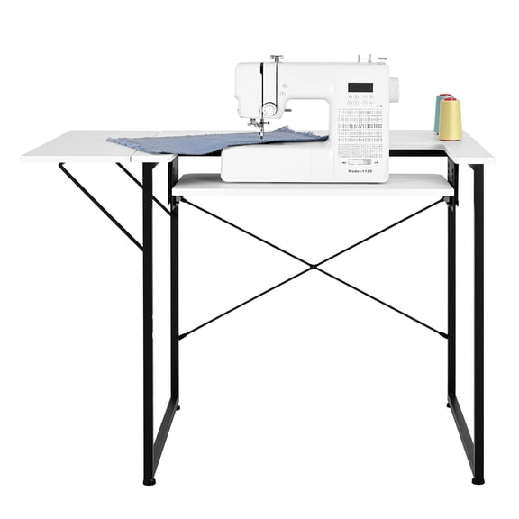 KFFKFF Multipurpose Sewing Table with Foldable Side Shelf, Adjustable Shelf, Sturdy Steel Legs, Ideal for Sewing, Crafting, Studying, and More, White
