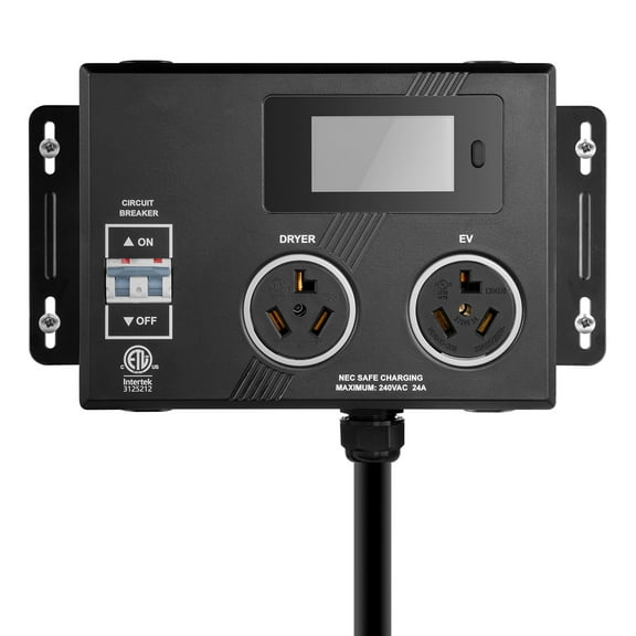 KFFKFF NEMA Distributor for Dryer and EV, Tri-Color LED Display, 240V Intelligent Power Allocation, Equipped with NEMA 10-30 Plug, Dual NEMA 10-30 Sockets, 3.4'' LCD Monitor