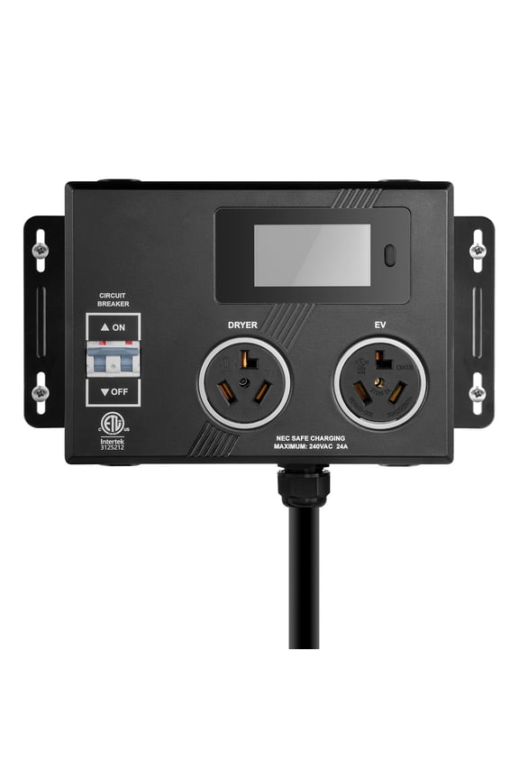 NEMA Distributor for Dryer and EV, Tri-Color LED Display, 240V Intelligent Power Allocation, Equipped with NEMA 10-30 Plug, Dual NEMA 10-30 Sockets, 3.4'' LCD Monitor
