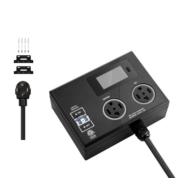 KFFKFF NEMA Splitter for Dryer and EV, LED Indicator with Three Colors, 240V Power Distribution System, Equipped with NEMA 14-30 Plug and Dual NEMA 14-30 Outlets, 3.4-inch LCD Display