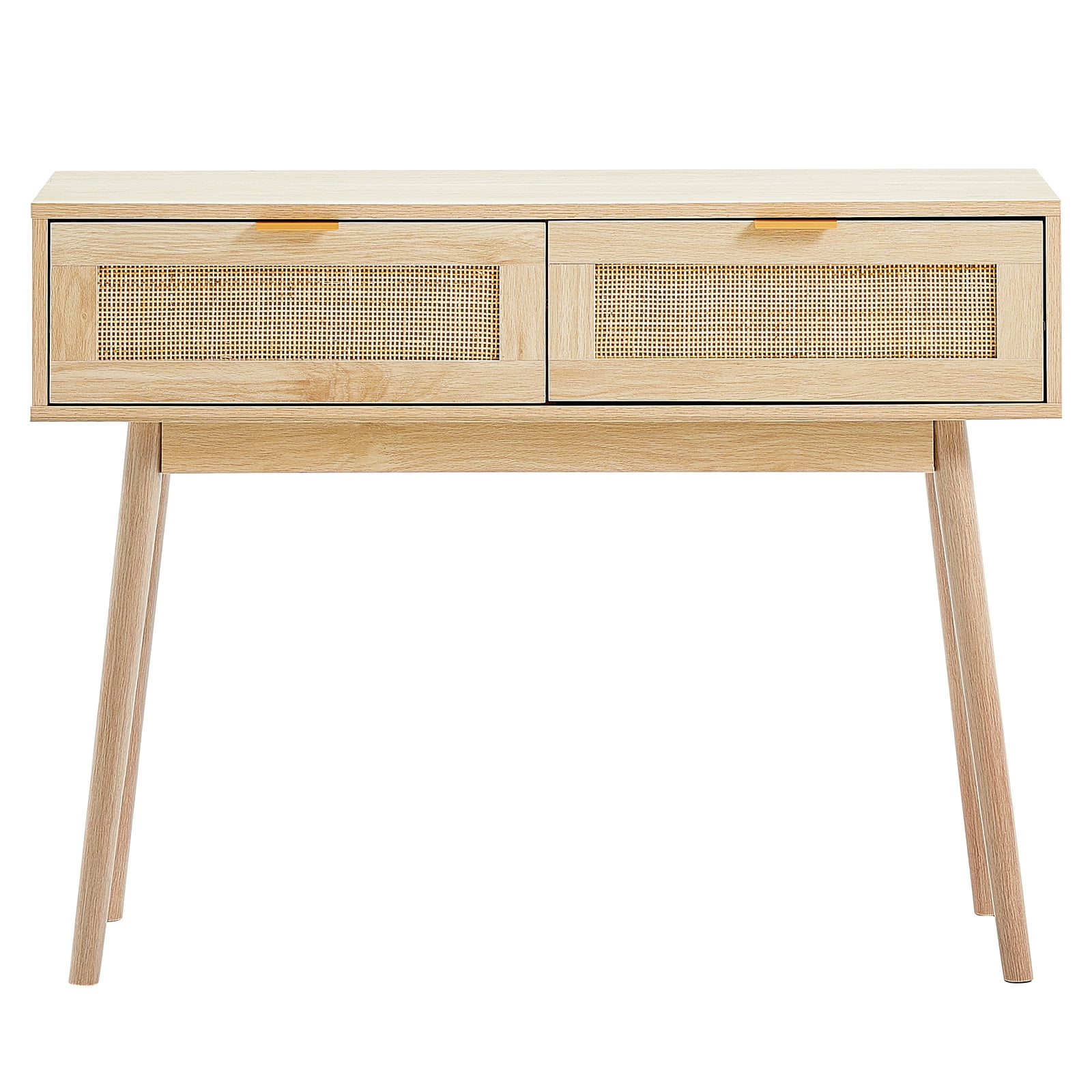 KFFKFF Natural Finish Rattan Console Table with Two Storage Drawers and a Sliding Rattan Door, Perfect for Living Rooms, Hallways, or Serving as a Television Stand