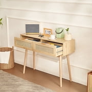 KFFKFF Natural Finish Rattan Console Table with Two Storage Drawers and a Sliding Rattan Door, Perfect for Living Rooms, Hallways, or Serving as a Television St