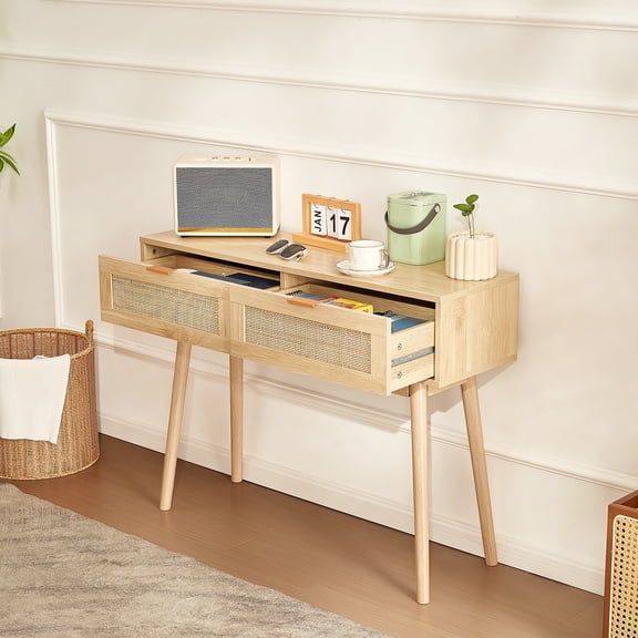 KFFKFF Natural Finish Rattan Console Table with Two Storage Drawers and a Sliding Rattan Door, Perfect for Living Rooms, Hallways, or Serving as a Television Stand