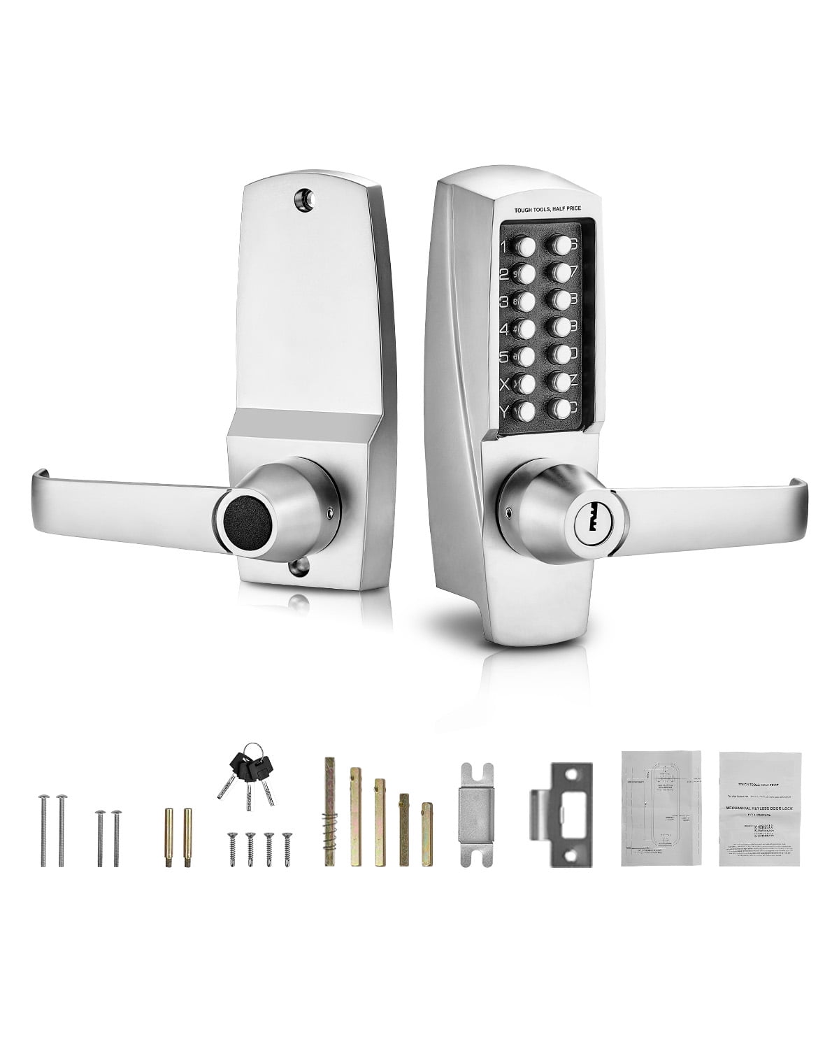 KFFKFF Non-Electronic Secure Entry Door Lock, 14-Key Mechanical Lockset with Key Option, Manual Keyless Door Lock with Handle, Durable Stainless Steel Weather-Resistant Lock for Home Office