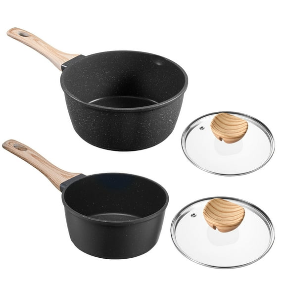 KFFKFF Nonstick Saucepan Set, 1.5 QT & 2.5 QT with Glass Lids, Versatile Cooking Pots with Removable Handles, Coated Kitchen Sauce Pans for Various Stovetops, Black