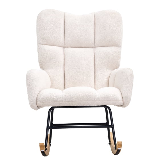 KFFKFF Nursery Rocker Chair, Glide Rocker with Cushioned Seat and Tall Back Support, 250 lbs Load Limit Teddy Fabric, Padded Glide Rocking Chair for Nursery, Bedroom, Living Room, Creamy White