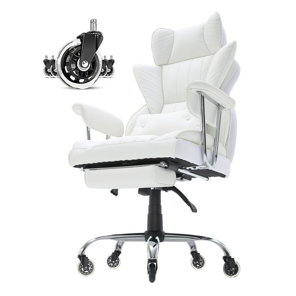 KFFKFF Office Chair with Recline and Footrest, Durable PU Leather Spacious Office Chair, Large Executive Chairs with Back Support, Sturdy Metal Base and Silent Wheels, White