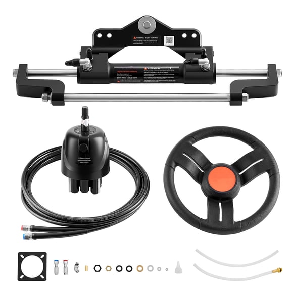 KFFKFF Outboard Hydraulic Steering Kit, 200 HP, Marine Boat Steering System with Two-Way Lock Helm Pump, Cylinder, 26 ft Hoses, 13.5" Wheel for Single Station, Single-Engine Applications