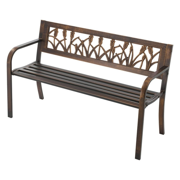 KFFKFF Outdoor Bench, 50-inch, Durable Carbon Steel Frame with PVC Decorative Backrest and Smooth Armrests, Weather-Resistant Seating for Patio, Garden, Park, Yard, or Porch, Antique Bronze Finish