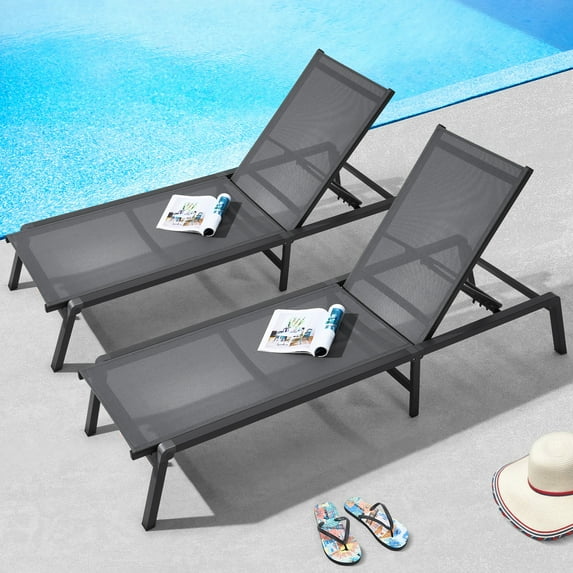 KFFKFF Set of 2 Outdoor Chaise Lounge Chairs, Aluminum Material Support 400lbs, Adjustable Position with 5 Levels, Foldable for Easy Storage, Ideal for Patio, Beach, Pool Use, Dark Grey