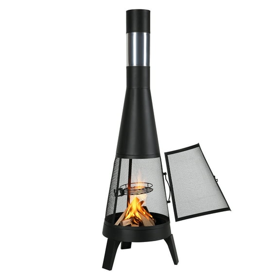 KFFKFF Outdoor Chiminea, 20-Inch Wood-Fueled Firepit, Conical BBQ & Heating Fireplace, Exterior Wooden Fire Pit with Grill Mesh, Chimney Cover & Anti-Rust Chiminea Cap, Suitable for Patio, Garden