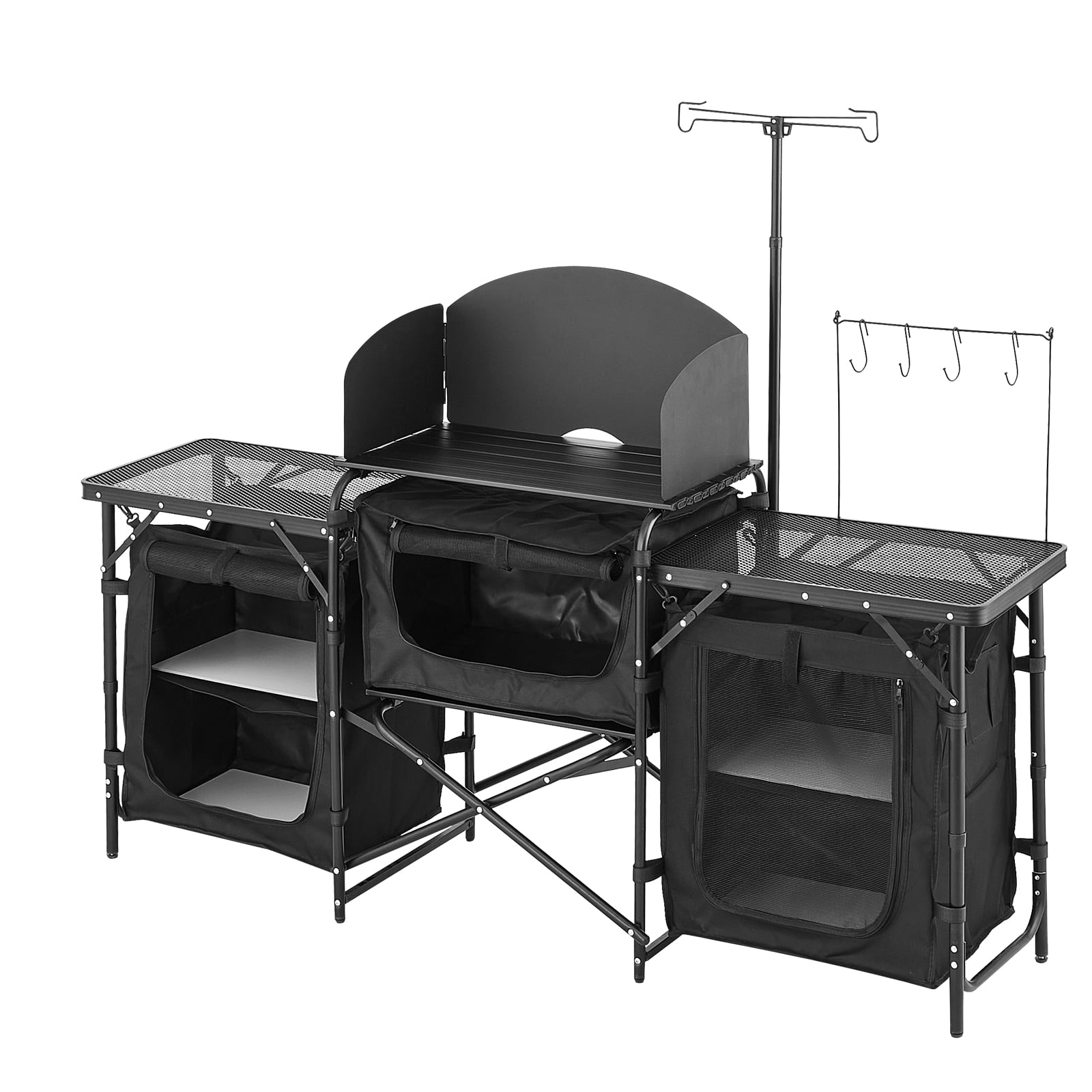 KFFKFF Outdoor Cooking Station, Portable Camp Kitchen Table, Constructed from Aluminum with Three Storage Cabinets, Comes with a Carrying Bag, Removable Wind Guard, Swift Assembly for BBQ Gatherings