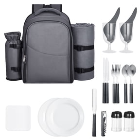 KFFKFF Outdoor Dining Rucksack, Seaside Lunch Bag for Duo with Temperature-Maintaining Storage Area, Removable Beverage Holder, Compact Mat, Dishware and Utensil Kit for Trekking, Outdoors, Ash