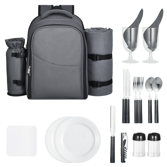 KFFKFF Outdoor Dining Rucksack, Seaside Lunch Bag for Duo with Temperature-Maintaining Storage Area, Removable Beverage Holder, Compact Mat, Dishware and Utensil Kit for Trekking, Outdoors, Ash