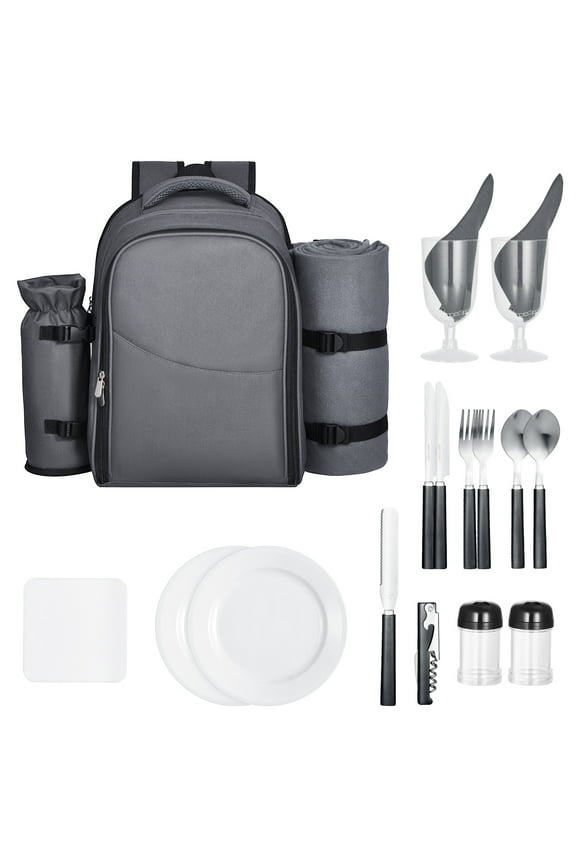 Outdoor Dining Rucksack, Seaside Lunch Bag for Duo with Temperature-Maintaining Storage Area, Removable Beverage Holder, Compact Mat, Dishware and Utensil Kit for Trekking, Outdoors, Ash