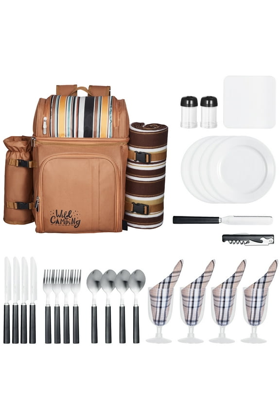 Outdoor Dining Rucksack, Seaside Meal Carrier for Four, Featuring Thermally Insulated Storage Section, Removable Beverage/Wine Carrier, Portable Mat, Dishware and Utensil Kit