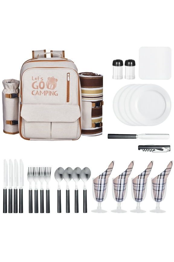 Outdoor Dining Rucksack, Seaside Picnic Bag for Four, Featuring Thermal Storage Section, Removable Beverage/Wine Carrier, Compact Throw, Dishware & Utensils for Wilderness Adventures