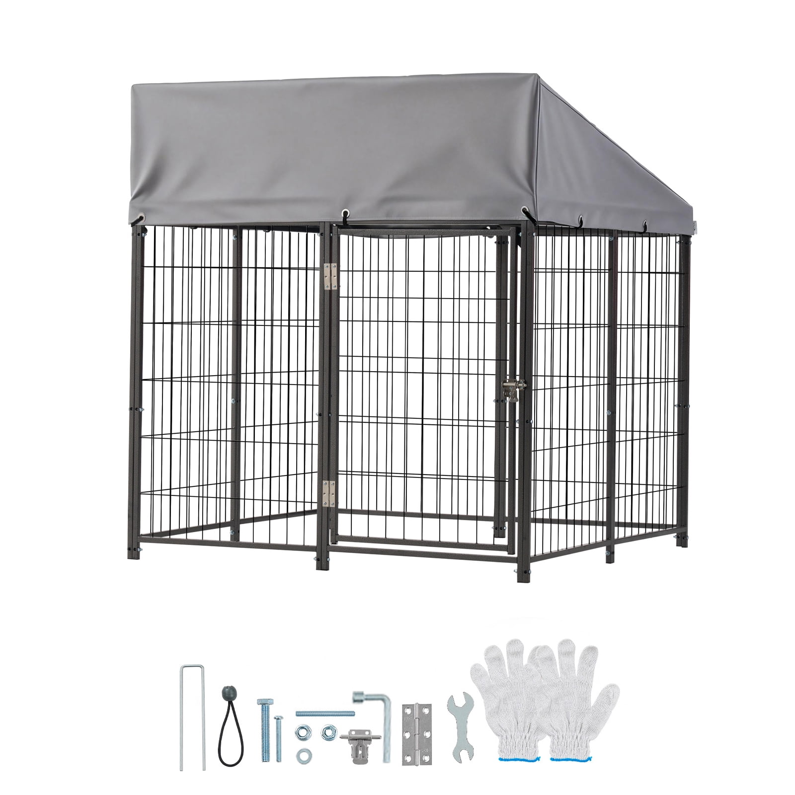 KFFKFF Outdoor Dog Kennel, 3.67 x 3.78 x 4.1 ft Spacious Pet Enclosure with Secure Lock, Weatherproof Roof Cover for UV Protection, Durable Cage Run for Medium to Large Dogs