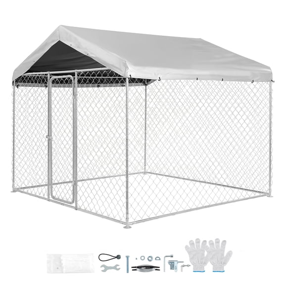 KFFKFF Outdoor Dog Kennel, 7.55 x 7.55 x 7.05 ft Spacious Pet Enclosure with Lockable Door, Durable Dog Cage with Weatherproof and UV-Resistant Roof Cover, Sturdy Outdoor Crate for Large Pets