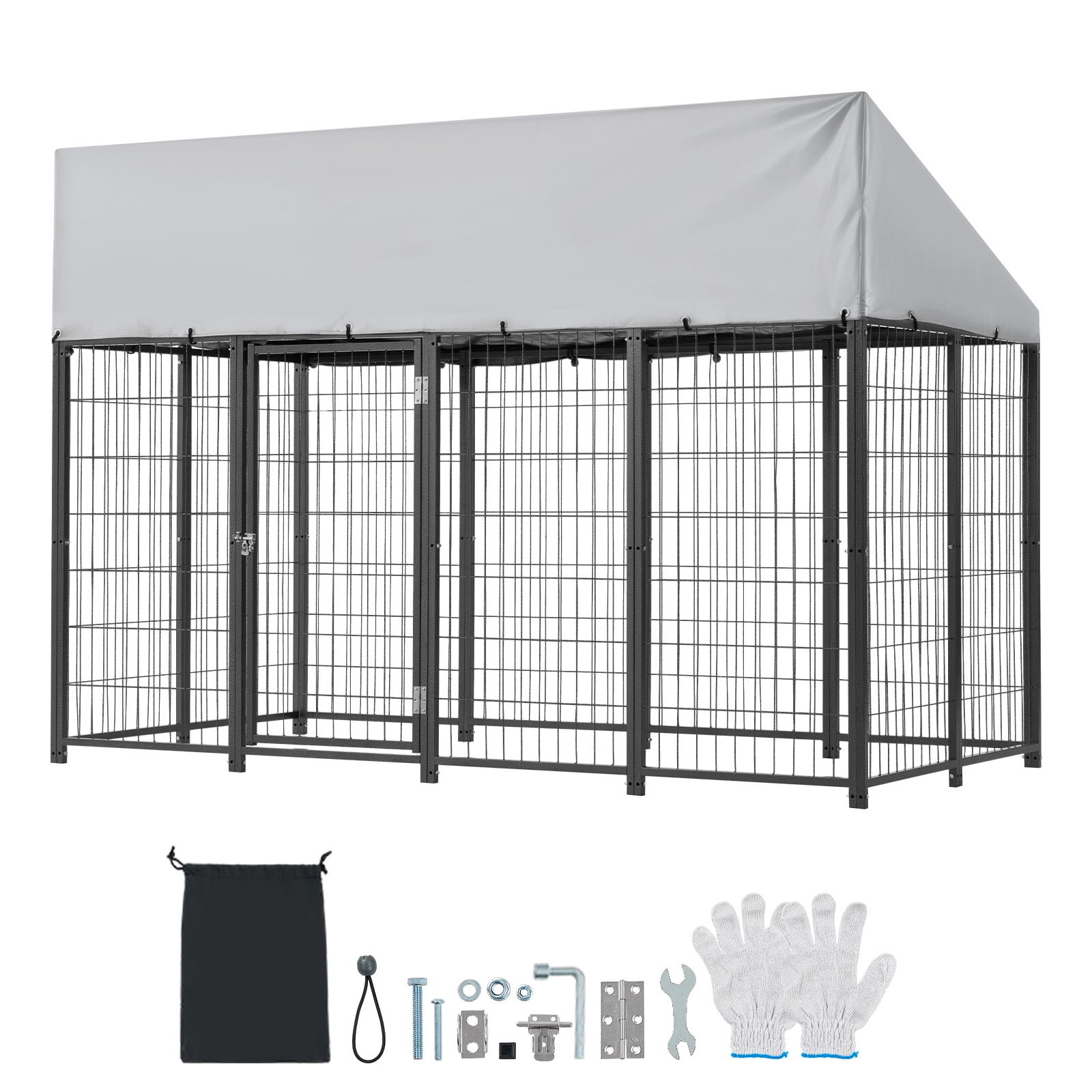 KFFKFF Outdoor Dog Kennel, 7.87 x 3.94 x 5.4 ft Spacious Pet Enclosure with Secure Lock, Weather-Resistant Roof Cover, Durable Metal Cage for Large Dogs