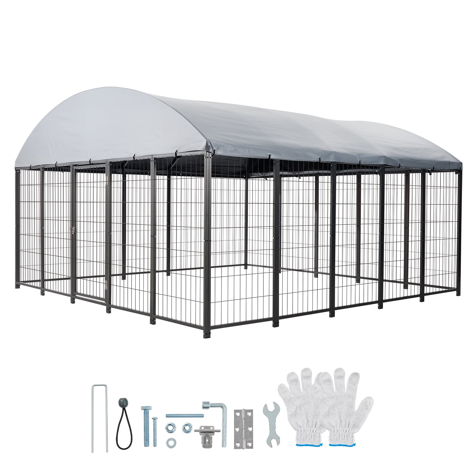 KFFKFF Outdoor Dog Kennel, 9.8 x 9.8 x 5.4 ft Spacious Pet Enclosure with Secure Lock, Durable Dog Cage with UV-Resistant and Waterproof Roof Cover, Sturdy Outdoor Run for Large Pets