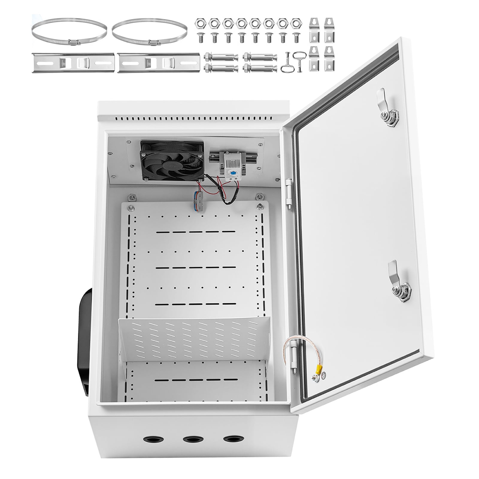KFFKFF Outdoor Electrical Box, Cold-Rolled Steel, Junction Box with Built-In Thermostat and Fan, Rain Shield, Ventilated Structure, IP65 Waterproof Hinged Enclosure, 24 x 16 x 12 in