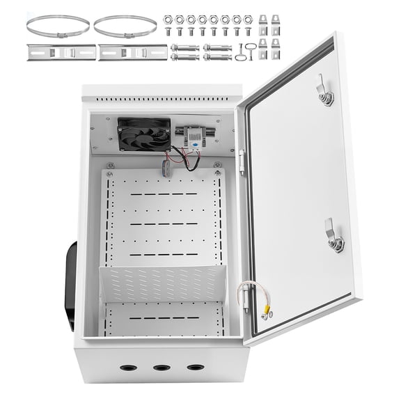 KFFKFF Outdoor Electrical Box, Cold-Rolled Steel, Junction Box with Built-In Thermostat and Fan, Rain Shield, Ventilated Structure, IP65 Waterproof Hinged Enclosure, 24 x 16 x 12 in