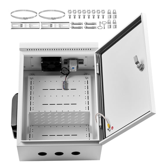 KFFKFF Outdoor Electrical Enclosure, Cold-Rolled Steel, Junction Box with Built-In Thermostat and Fan, Weatherproof Hood, Ventilated Structure, IP65 Rated Waterproof Hinged Design, 20 x 16 x 8 in