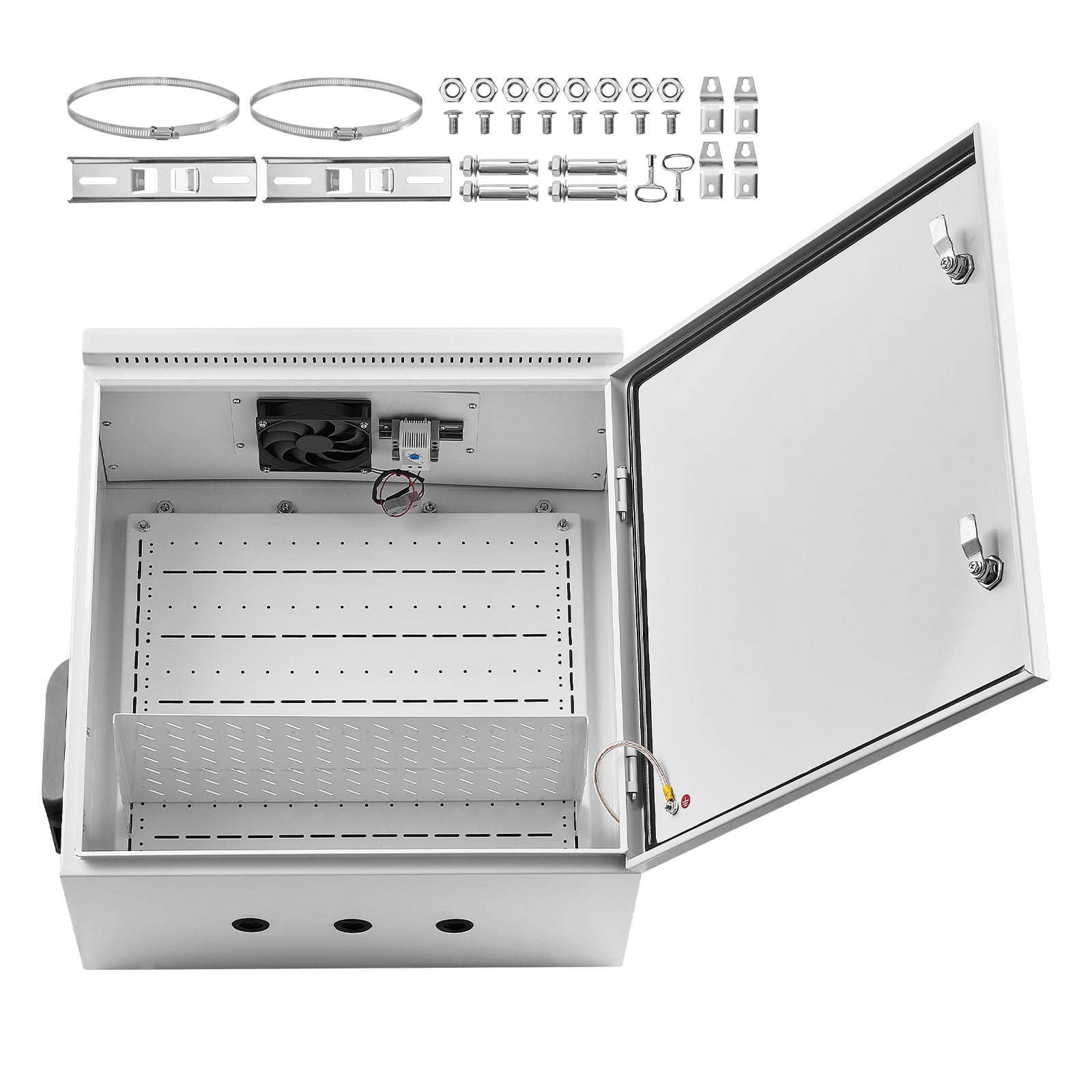 KFFKFF Outdoor Electrical Enclosure, Cold-Rolled Steel, Junction Box with Built-In Thermostat and Fan, Weatherproof Hood, Ventilated Structure, IP65 Waterproof Hinged Design, 24 x 24 x 12 in