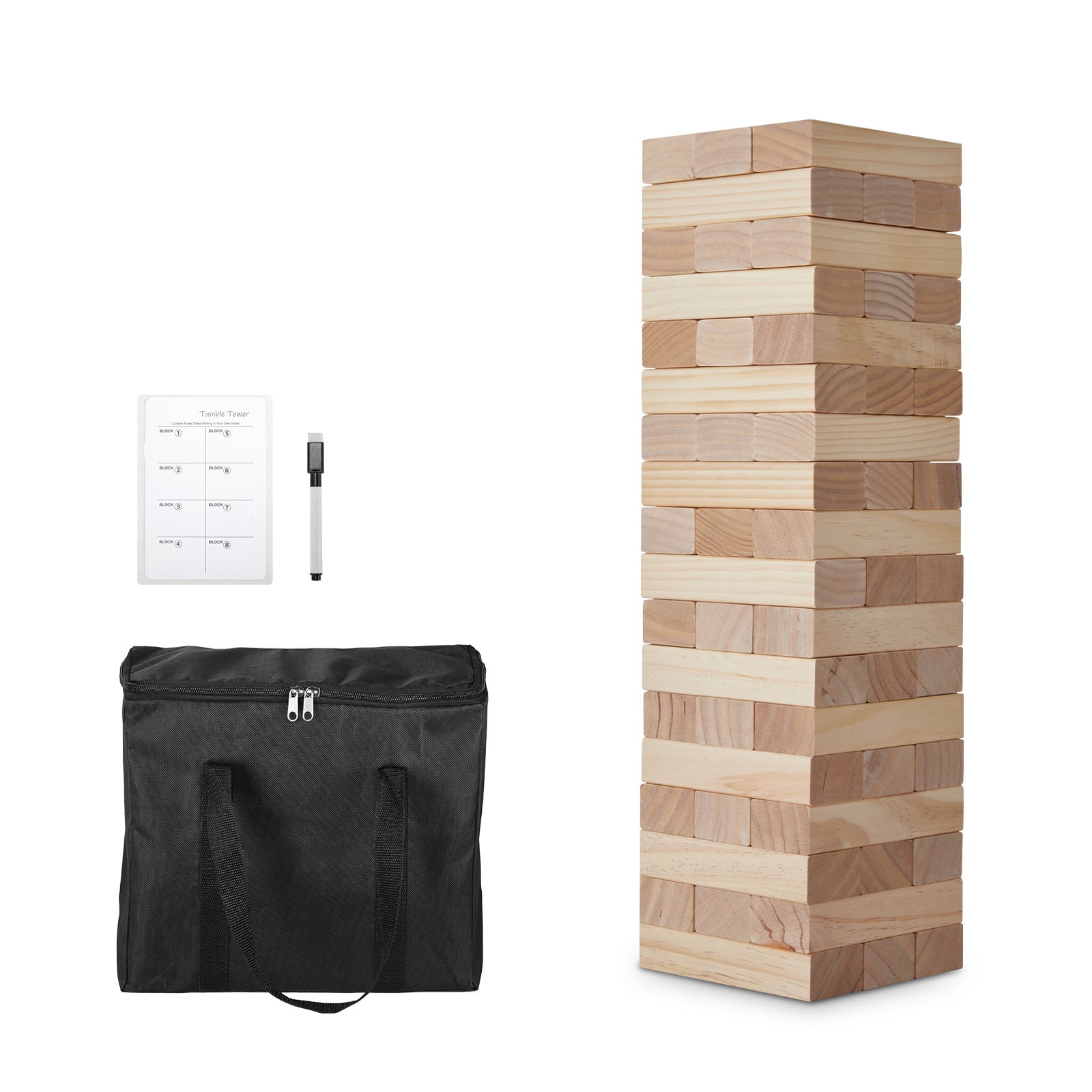 KFFKFF Outdoor Game Giant Tumble Tower, Set of 54 Medium-Sized Pine Wood Stacking Blocks Game, Comes with Portable Bag and Scoring Board, Wooden Pile-Up Game, Ideal for Family Fun, Indoor/Outdoor Use