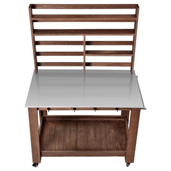 KFFKFF Outdoor Gardening Workstation with 45 x 26 in Stainless Steel Surface, Storage Shelves, Wheels, and Hooks, Garden Planting Table for Patio or Backyard, Brown