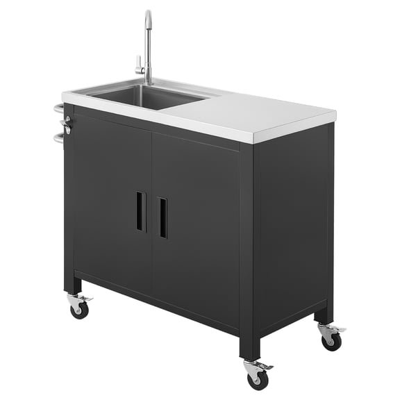 KFFKFF Outdoor Grill Cart with Sink and Storage Cabinet, 38-Inch Prep Table, Weather-Resistant Kitchen Island with Stainless Steel Surface, Spice Organizer, Wheels, and Portable Design for Patio BBQs