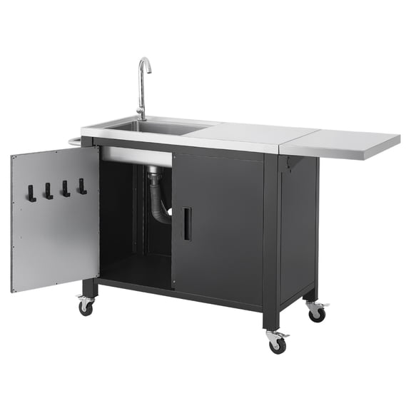 KFFKFF Outdoor Grill Cart with Sink and Storage Cabinet, 52-Inch Movable Kitchen Island with Stainless Steel Top, Spice Rack, Wheels, and Food Prep Station for Patio, Backyard, and BBQ