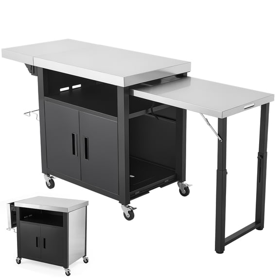 KFFKFF Outdoor Grill Cart with Storage Cabinet, 74.8-Inch Prep Table, Weather-Resistant Kitchen Island with Stainless Steel Surface, Sliding Shelf, Wheels, and Portable Design for Patio