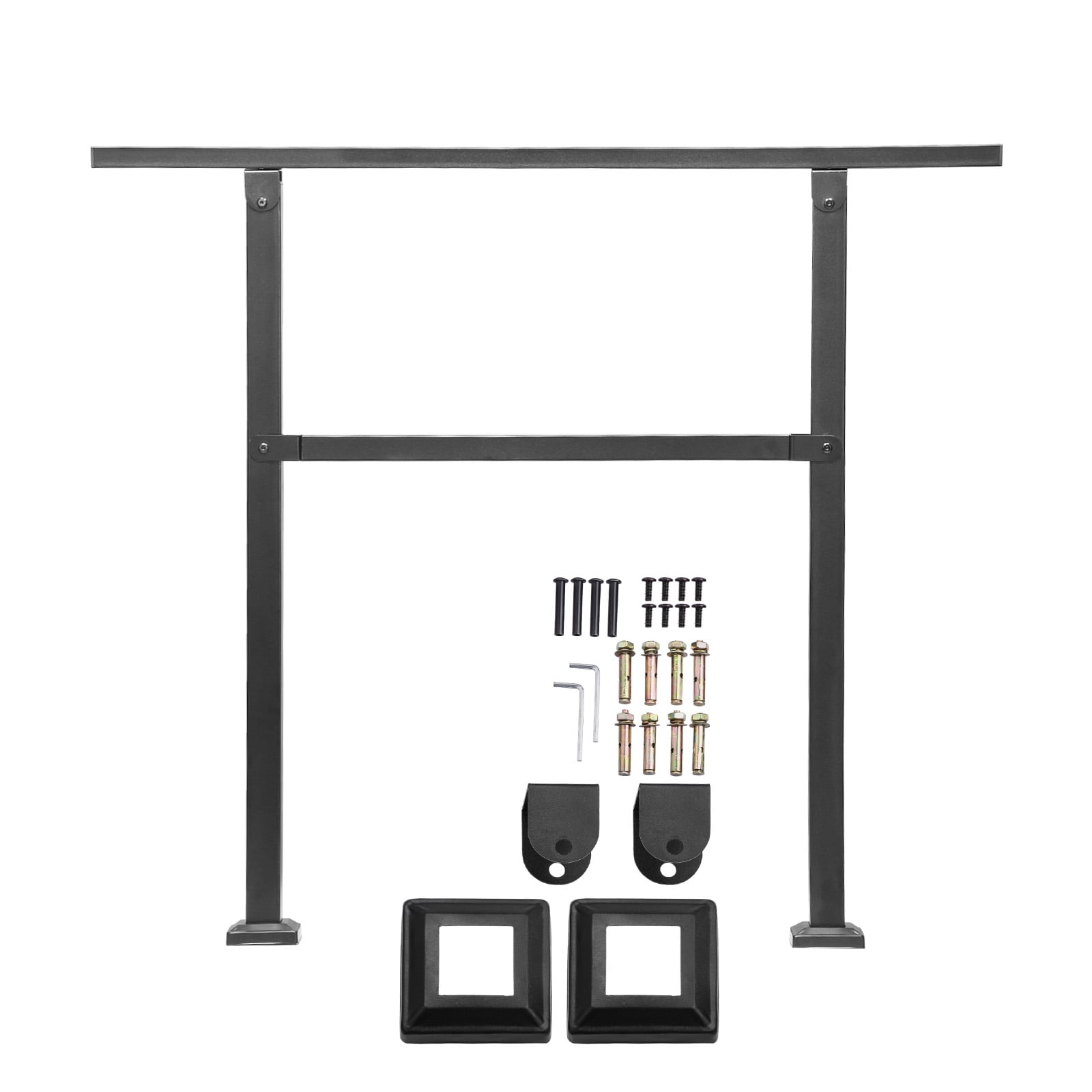 KFFKFF Outdoor Handrails for 2-3 Steps, Black Square Tube with Horizontal Bar, Carbon Steel Support Rails for Seniors, Suitable for Concrete and Deck Stairs, Simple Installation