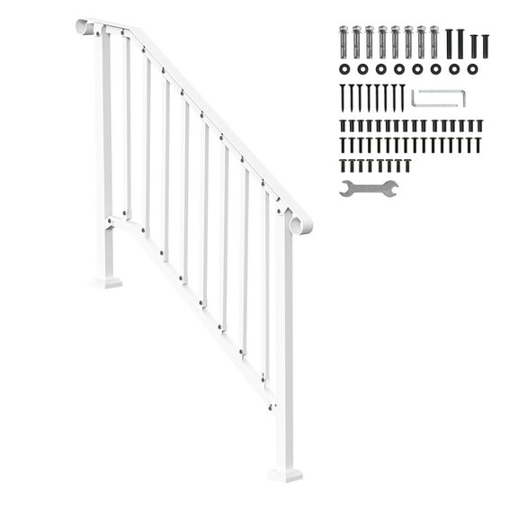 KFFKFF Outdoor Handrails for 3-4 Steps, Sturdy Carbon Steel Stair Rail Kit with Installation Accessories, Supportive Rails for Seniors for Concrete Steps, Porches & Decks, White Vintage Arch Design