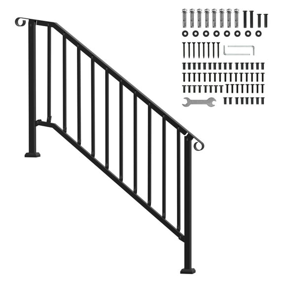 KFFKFF Outdoor Handrails for 5 Steps, Carbon Steel Stair Rail Kit with Installation Accessories, Transitional Railings for Concrete Steps, Porch, Deck, and Seniors, Black Arch Design