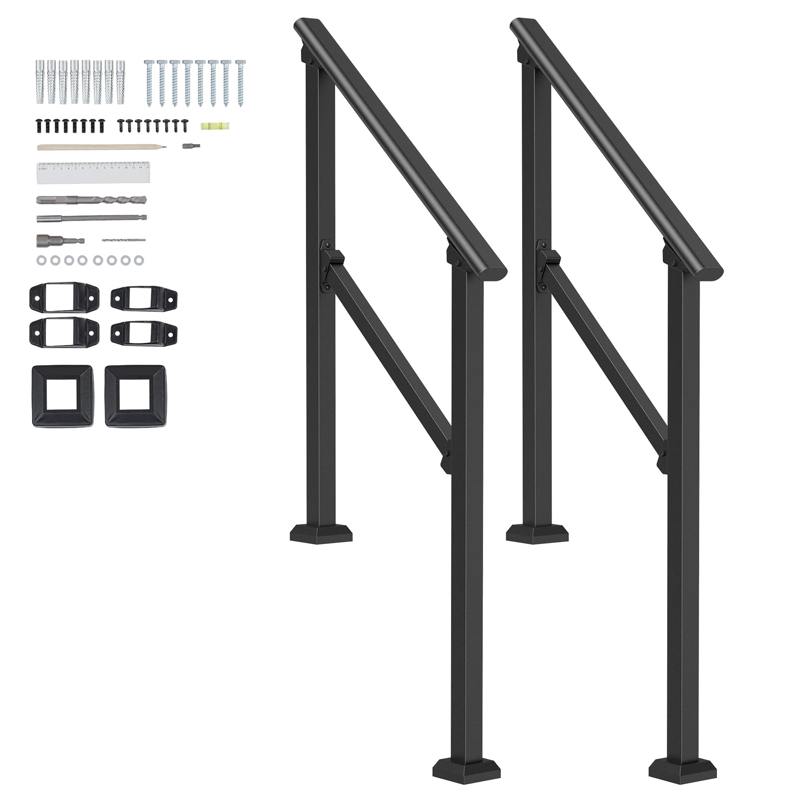KFFKFF Outdoor Handrails, Pair for 2-3 Steps, Durable Carbon Steel, Includes Setup Kit, Ideal for Elderly, Fits Concrete & Deck, Black Square Design