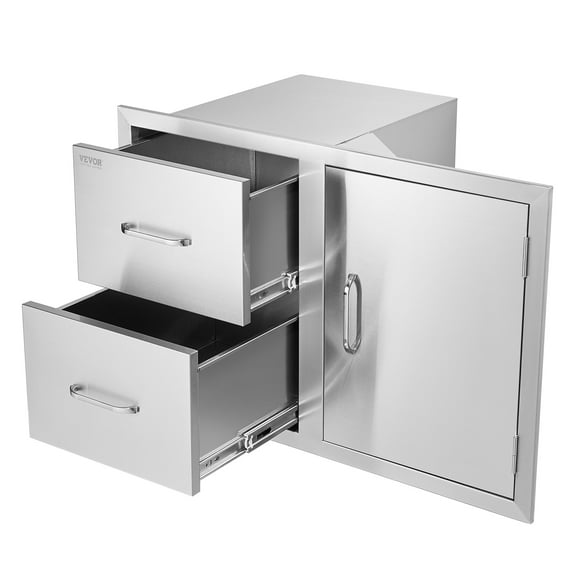 KFFKFF Outdoor Kitchen Double Drawers Stainless Steel Access Door ,32.5" W x 21.6" H x 20.5''D BBQ Island Door Drawer Combo,Flush Mount Outdoor Kitchen Appliances