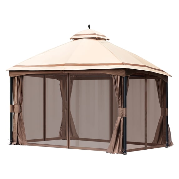 KFFKFF Outdoor Pavilion for 10-12 Individuals, 10 x 13 FT Garden Canopy, Includes Insect Mesh, Sturdy Metal Structure, and PU Coated 180G Polyester, Exterior Shade Structure for Patio, Lawn, Garden