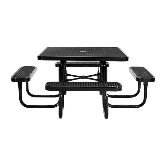 KFFKFF Outdoor Picnic Table Set, Weather-Resistant Patio Dining Furniture, Durable Steel Construction with Umbrella Hole, 45.7-Inch Square Table and Bench Set for Garden, Backyard, or Porch, Black