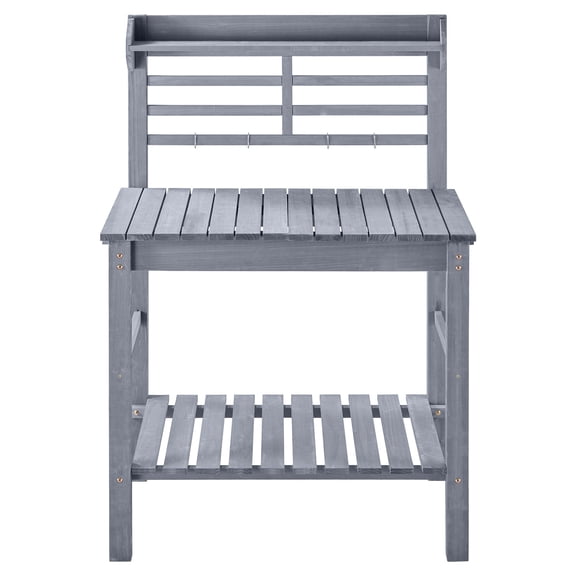 KFFKFF Outdoor Potting Bench Table, Gardening Workstation with Sink, Adjustable 37-55in Wooden Tabletop, Garden Workstation with Storage Shelves and Hooks for Patio or Backyard, Classic Grey