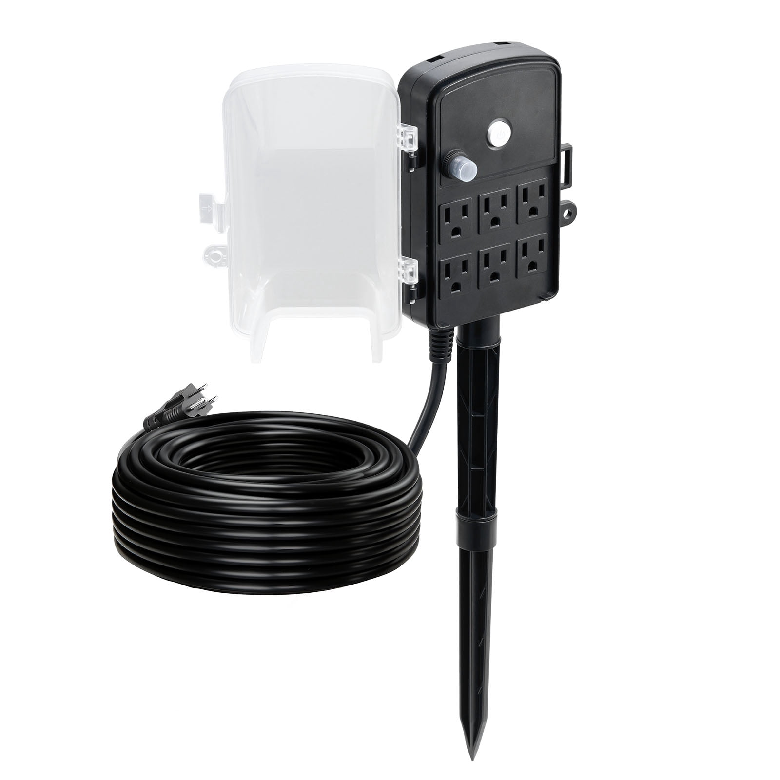 KFFKFF Outdoor Power Stake with 100 FT Extension Cord, Weather-Resistant Power Strip with Cover and Overload Protection, 6 Outlets,13A/1625W,Waterproof Multi-Outlet Yard Stake for Holiday Decorations