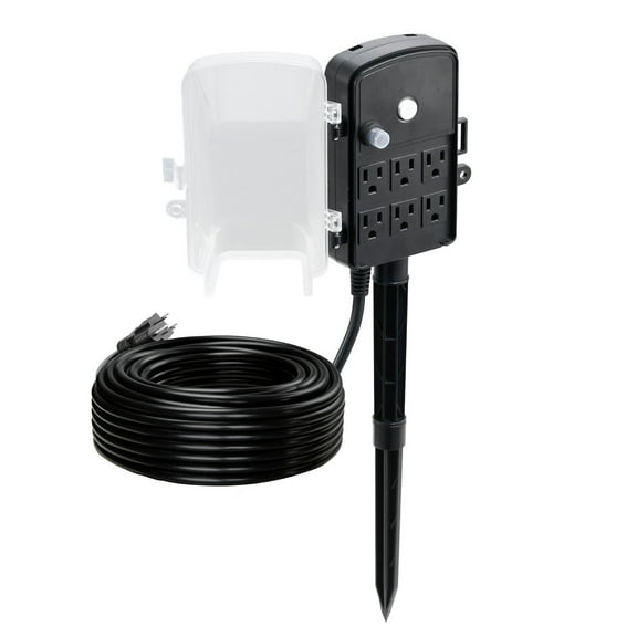KFFKFF Outdoor Power Stake with 100 FT Extension Cord, Weather-Resistant Power Strip with Cover and Overload Protection, 6 Outlets,13A/1625W,Waterproof Multi-Outlet Yard Stake for Holiday Decorations