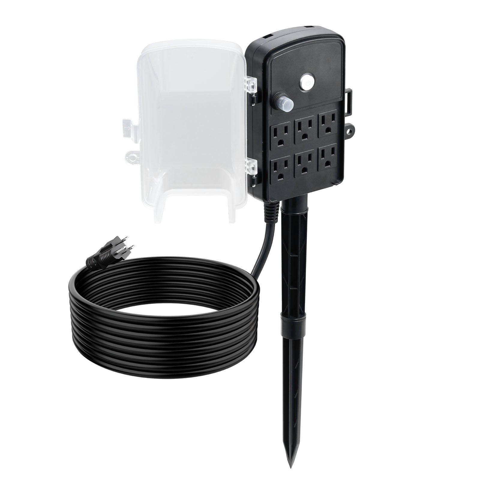 KFFKFF Outdoor Power Stake with 15 FT Cord, Weather-Resistant Power Strip with Cover and Overload Protection, 6 Outlets, 15A/1875W Capacity, Waterproof Yard Stake for Holiday Lighting