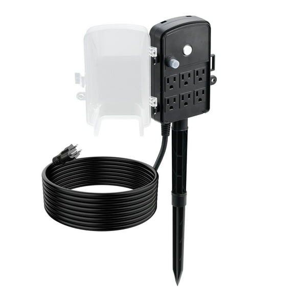 KFFKFF Outdoor Power Stake with 15 FT Cord, Weather-Resistant Power Strip with Cover and Overload Protection, 6 Outlets, 15A/1875W Capacity, Waterproof Yard Stake for Holiday Lighting
